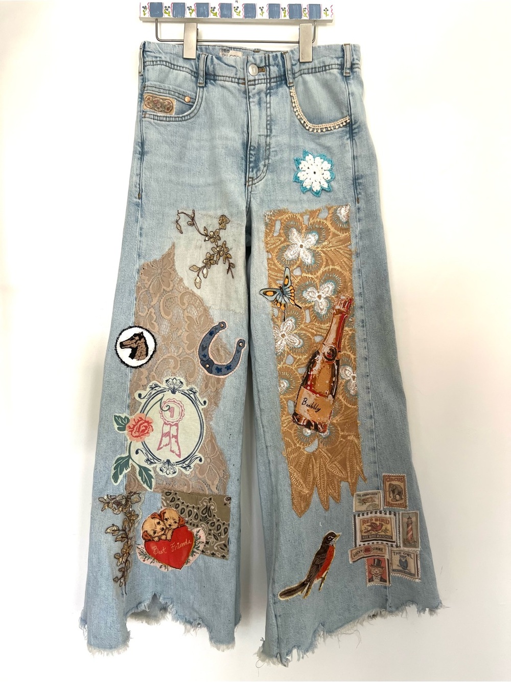 Upcycled Western Boho Festival Hippie patchwork  Embroidered  Wide-Leg Jeans - Picture 3 of 9